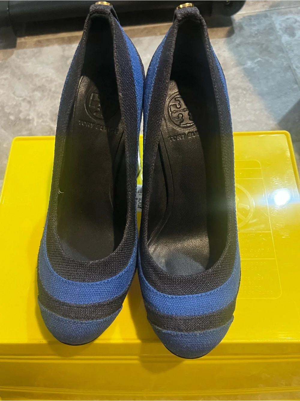 Tory Burch Blue and Black Striped Block Heel Pumps with Gold Logo